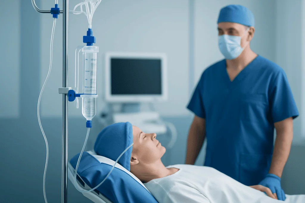 Medical professional monitoring a patient with ventriculostomy equipment in hospital.