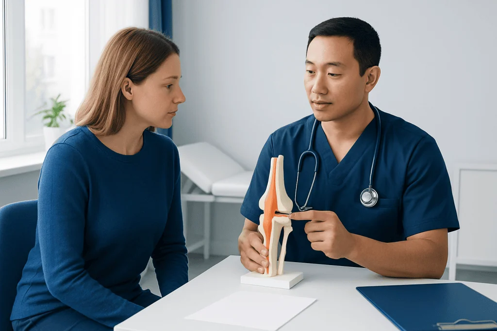 Doctor explaining knee joint model to patient in clinic setting.
