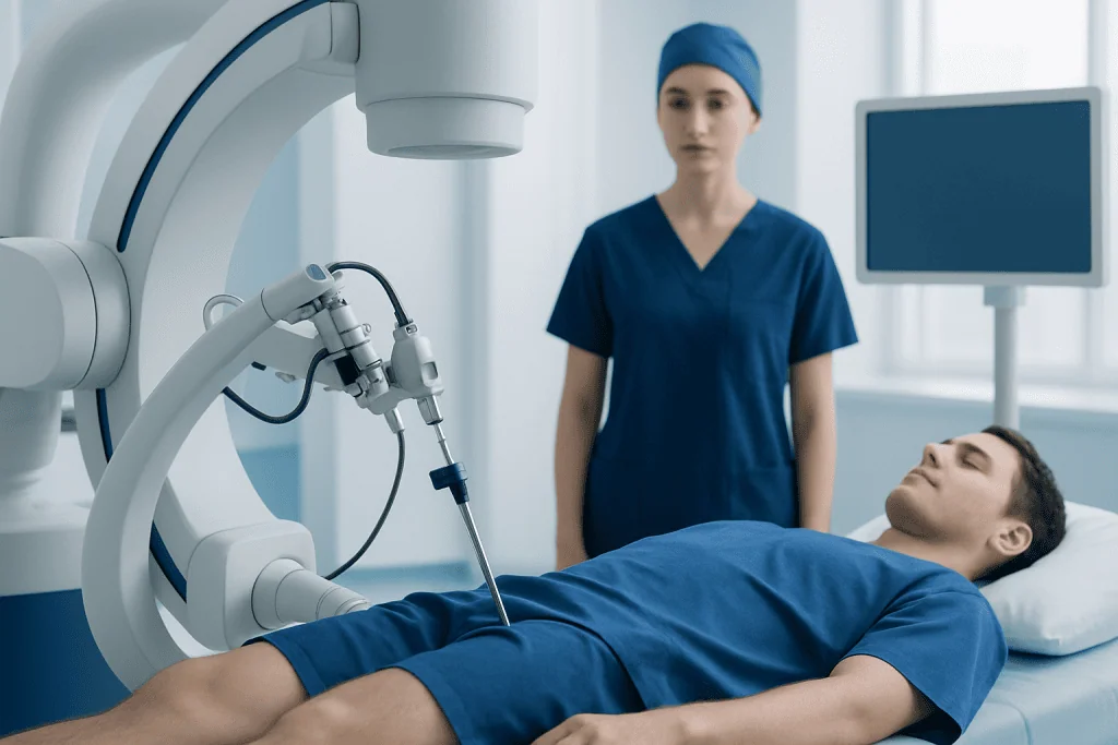 Medical professional preparing for height reduction surgery with advanced equipment.