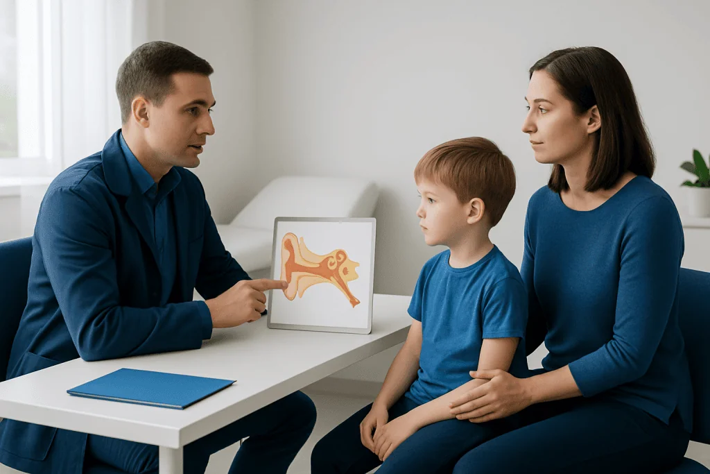 ENT specialist explaining ear anatomy to a young patient and parent.