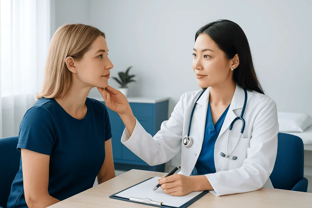 Doctor examining a young woman's face during a consultation at a hospital.
