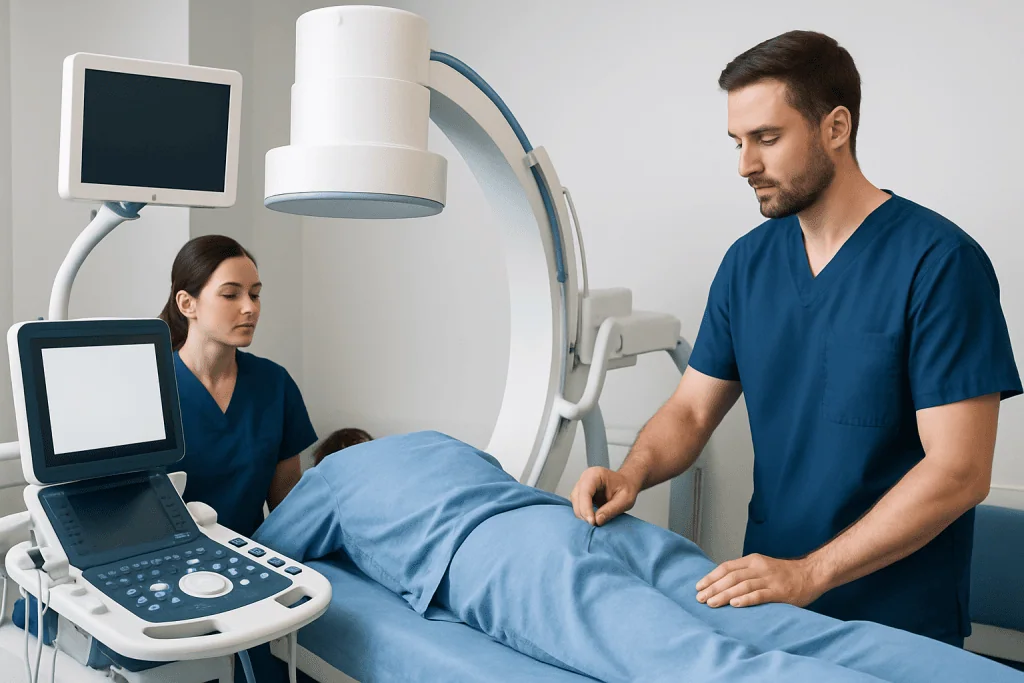 Medical professionals perform a procedure on a patient in a hospital setting.