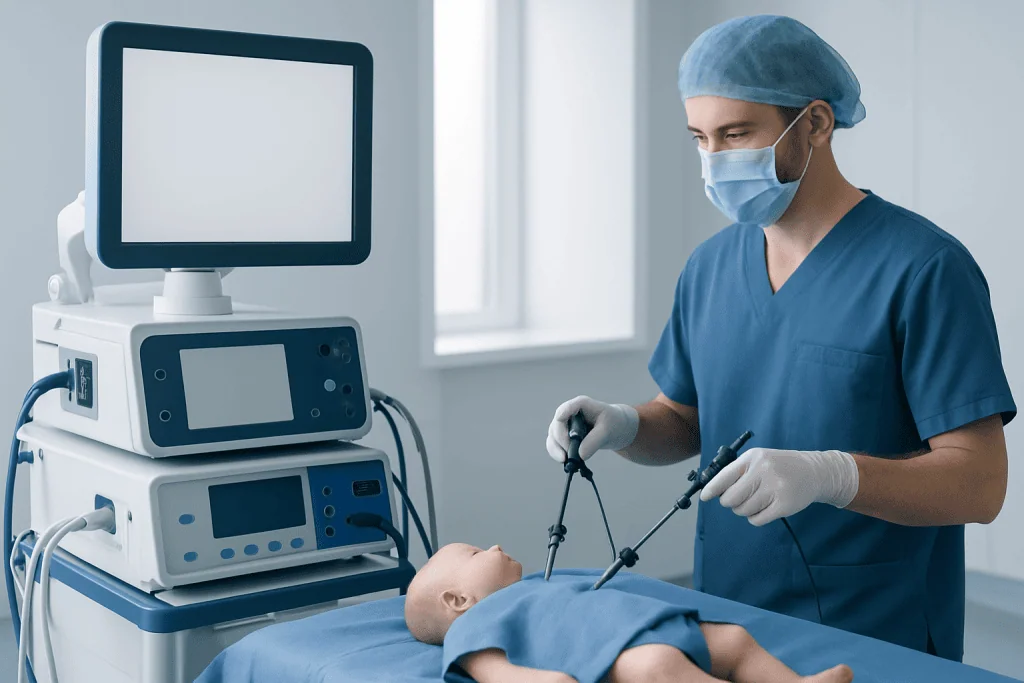 Pediatric surgeon performing pyloric stenosis surgery on a baby in an operating room.