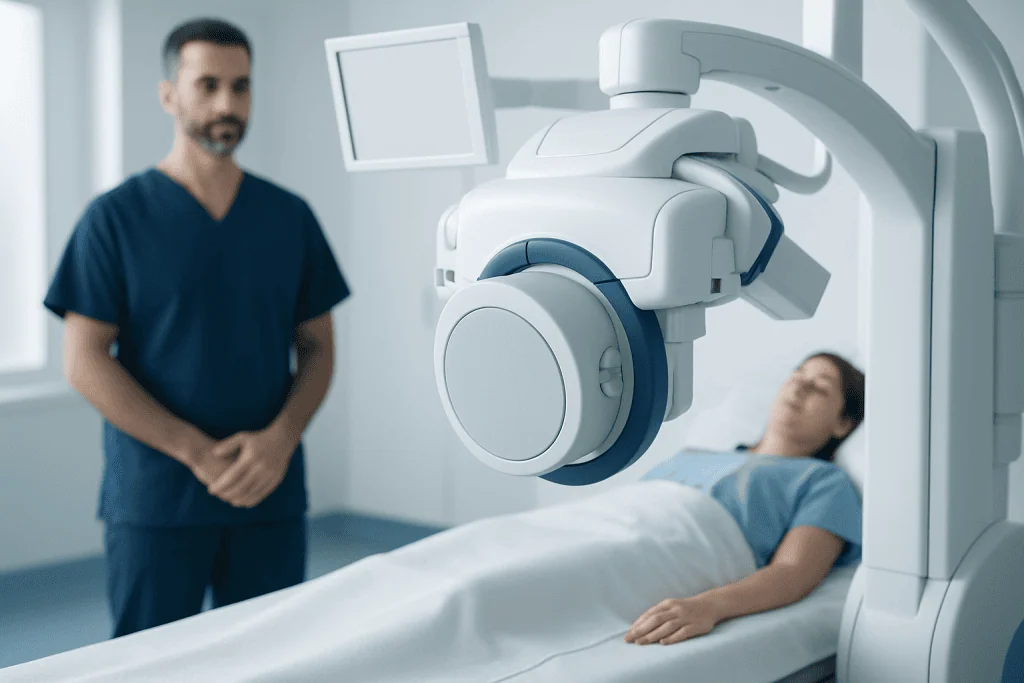 Patient undergoing sentinel lymph node biopsy with advanced medical imaging equipment.