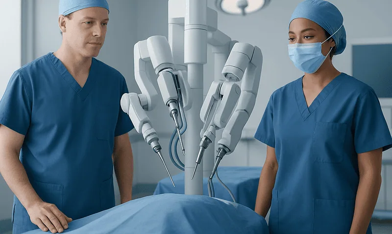 Conjoined Twins Surgery: Procedure, Recovery and Results 10 Surgeons operating advanced robotic surgical system in an operating room.