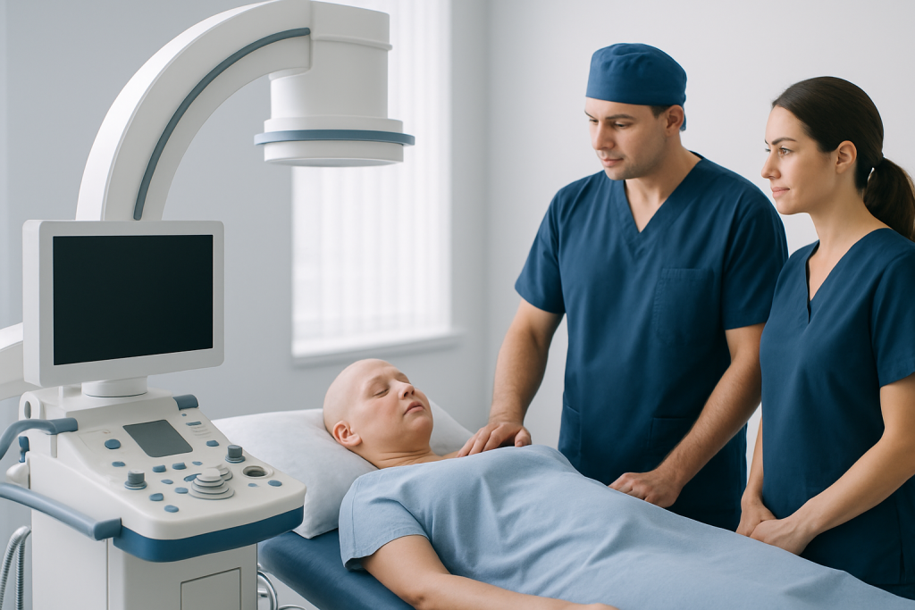 Medical team preparing for a breast imaging procedure in a hospital.