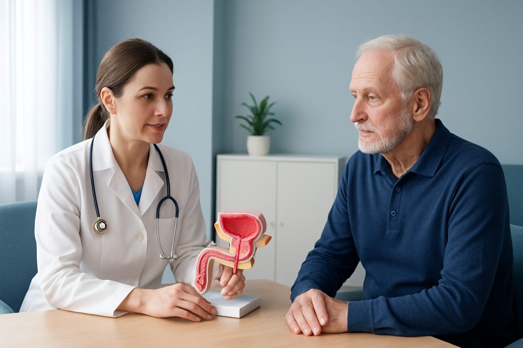 Urologist explaining prostate anatomy to an elderly male patient.
