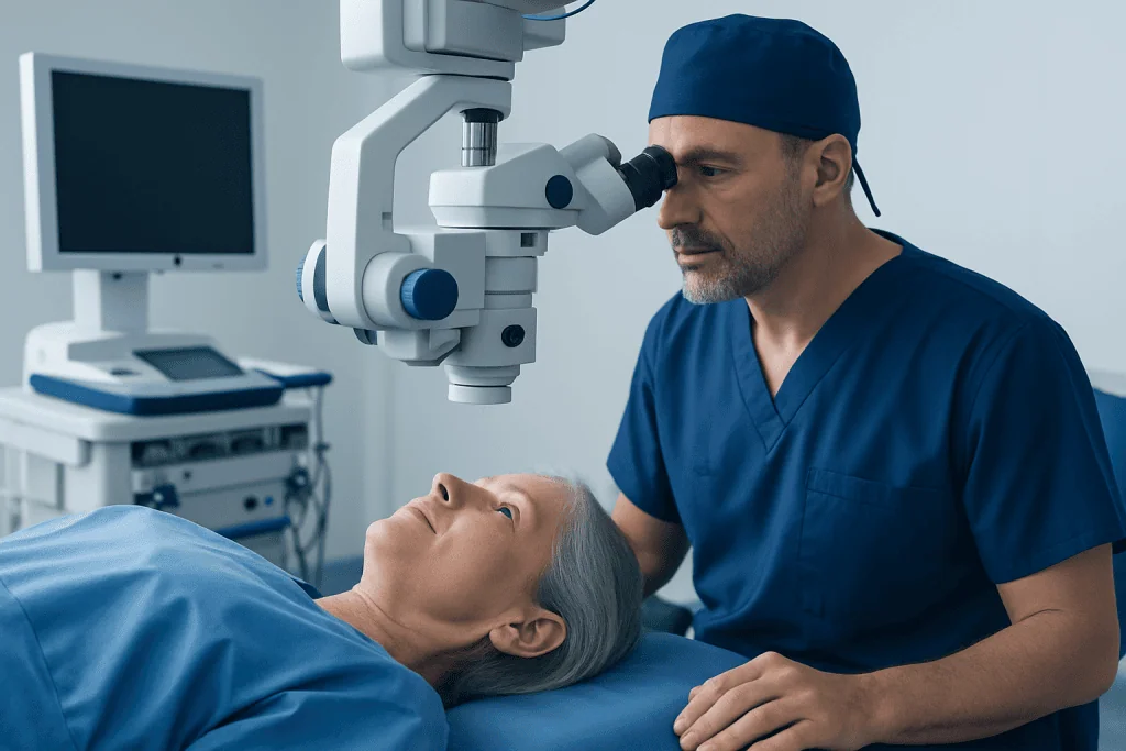Surgeon performing eye examination with a microscope in a hospital setting.
