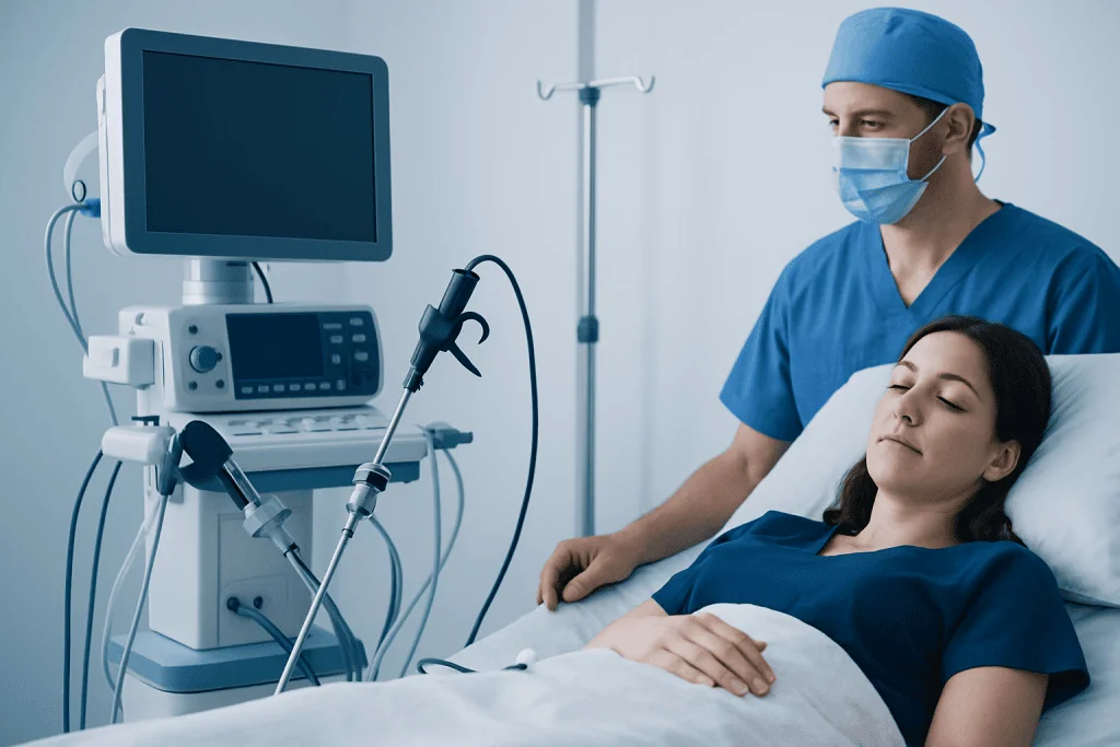 Surgeon and patient in hospital room with medical equipment.