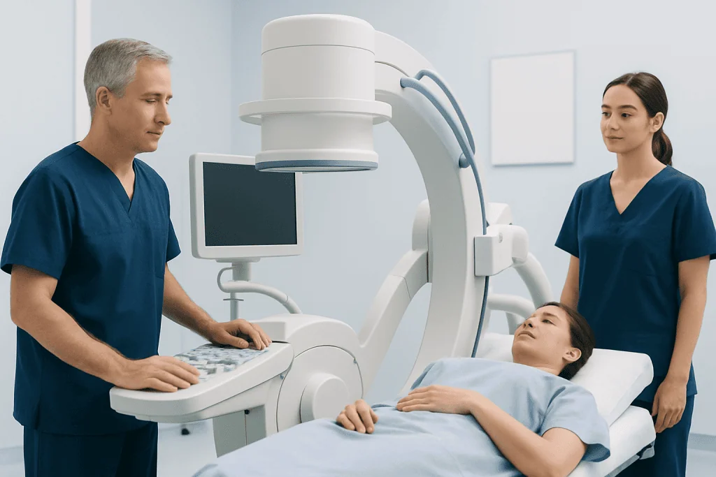 Medical professionals performing a radiology procedure on a patient in a hospital setting.