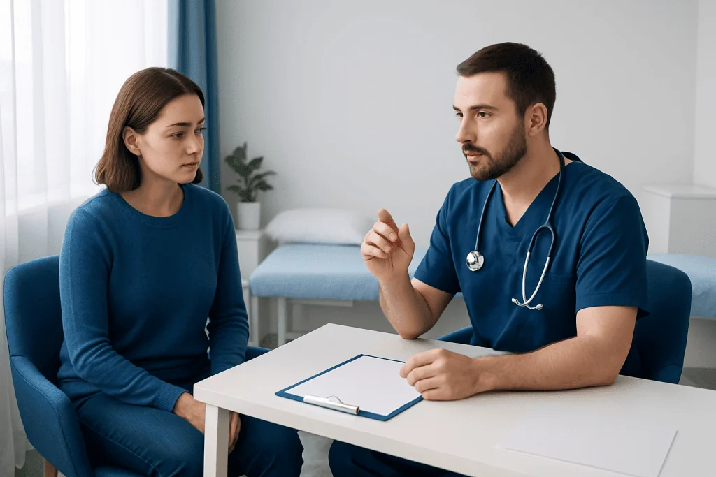 Doctor consulting with a female patient in a medical office.