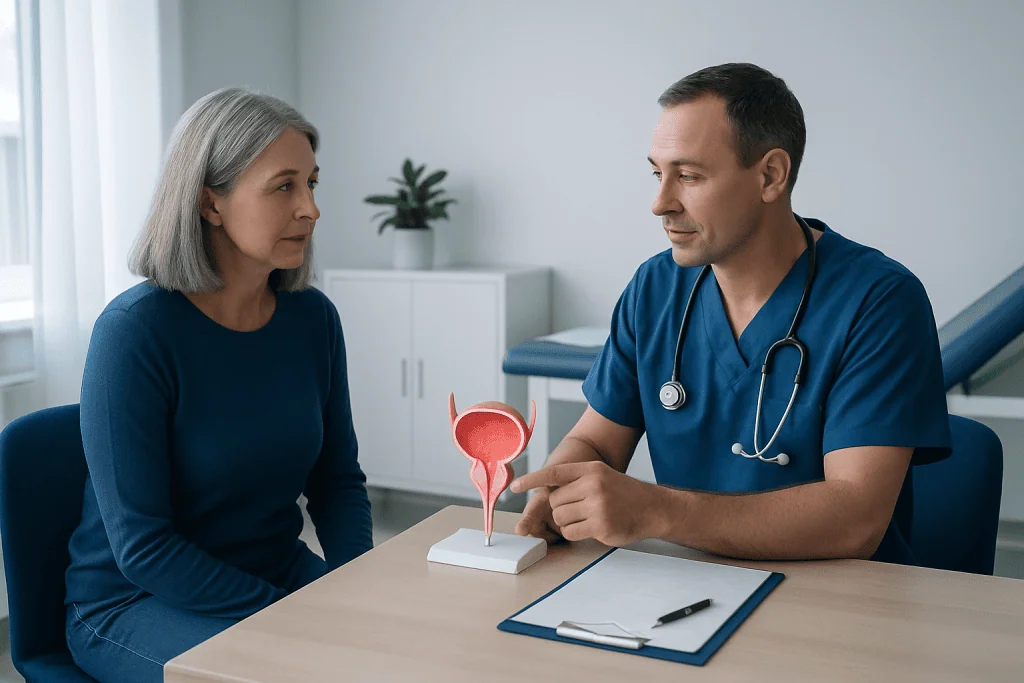 Urologist explaining bladder health to a patient in a clinic setting.
