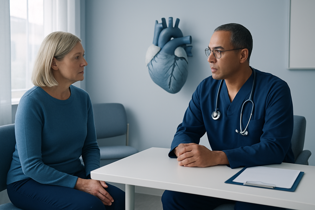 Doctor consulting with a female patient in a medical office with heart diagram on the wall.