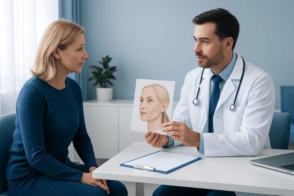 Doctor explaining facelift procedure to a patient with facial diagram.