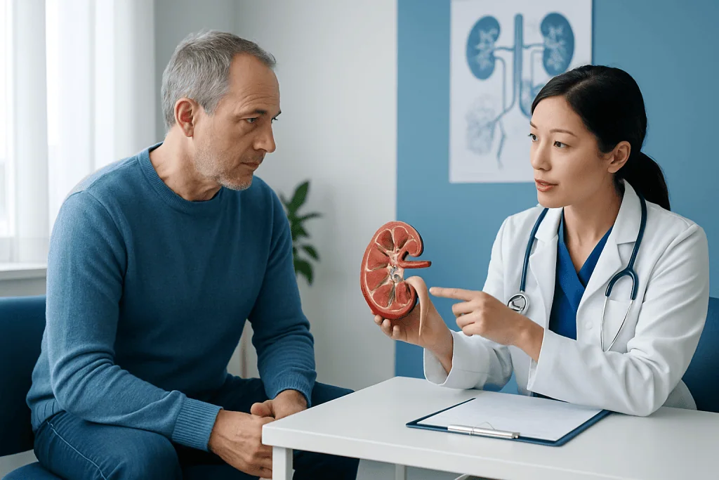 Doctor explaining kidney anatomy to patient in a consultation room.