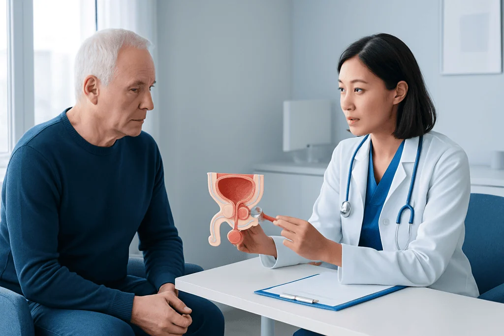 Urologist explaining prostate anatomy to an elderly male patient in a consultation room.
