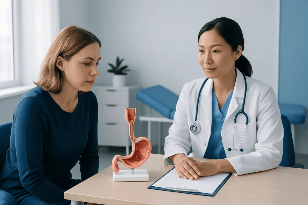 Doctor explaining esophagus health to patient with stomach model.