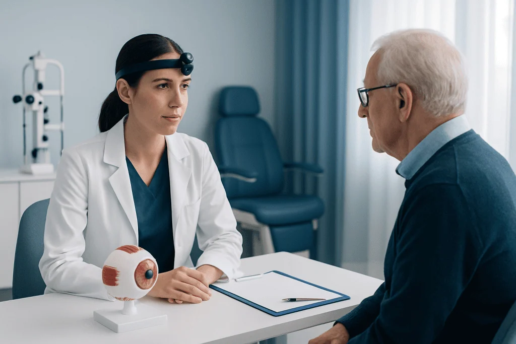Ophthalmologist consulting with elderly patient about eye health.