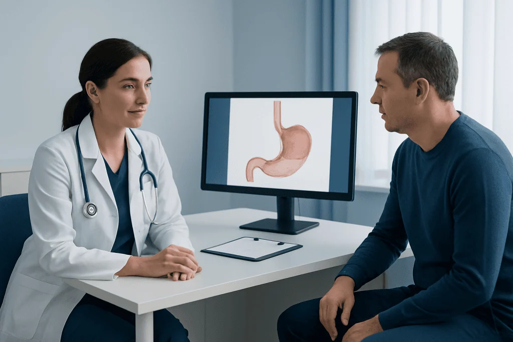 Doctor explaining stomach health to patient with stomach diagram on screen.