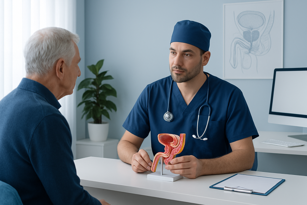 Urologist explaining prostate health to patient in clinic setting.