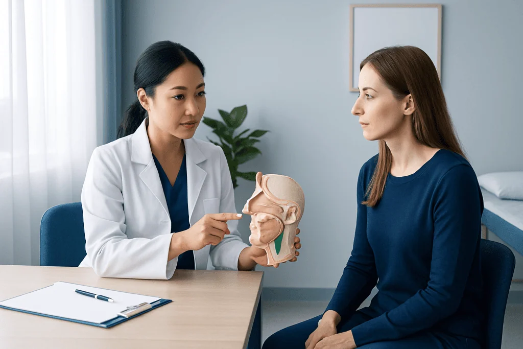 Doctor explaining nasal anatomy to patient during consultation.