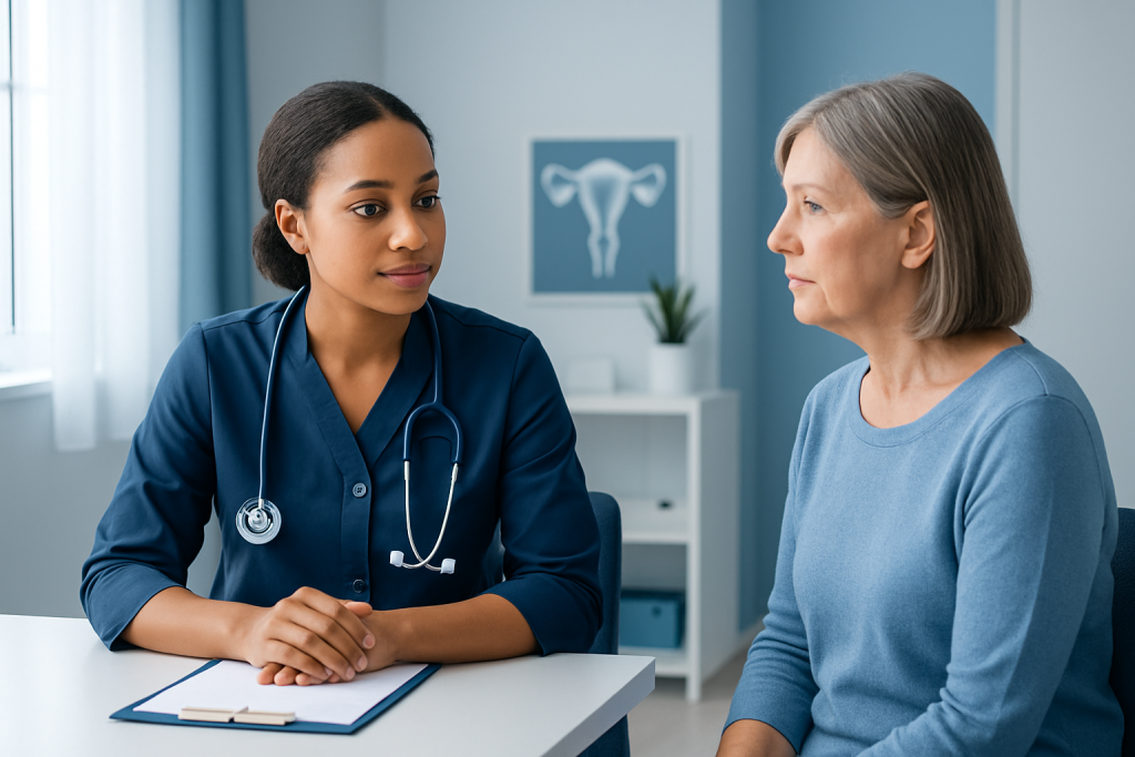 Doctor consulting with an older female patient in a medical office.