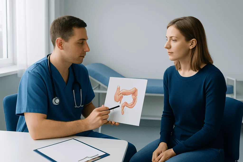Doctor explaining appendix diagram to female patient in consultation room.