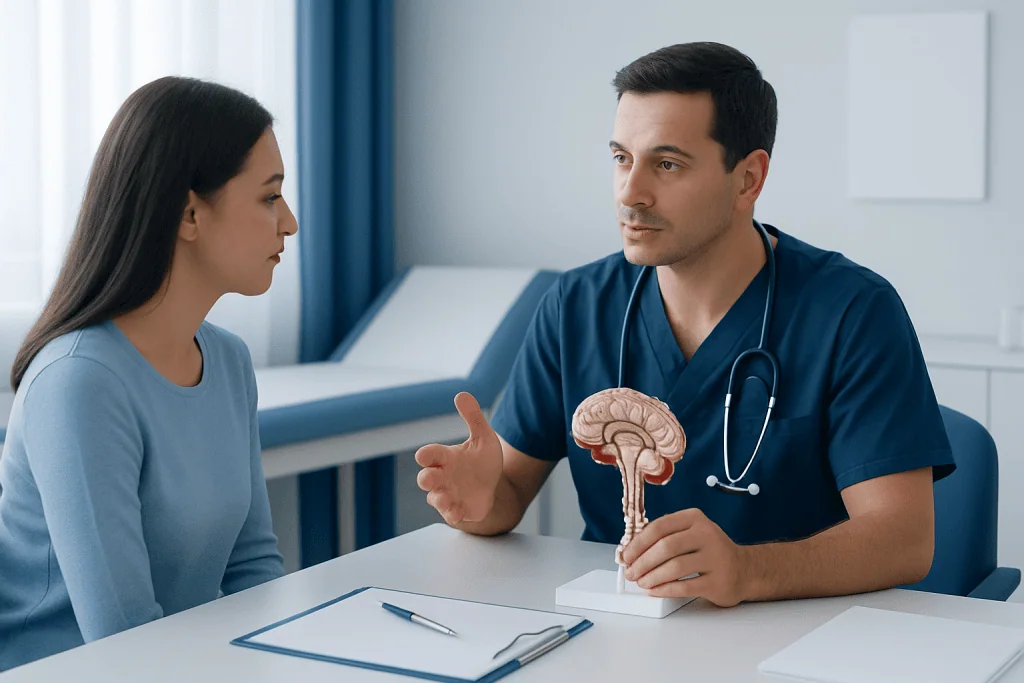 Doctor explaining Chiari Malformation surgery to a patient with brain model.