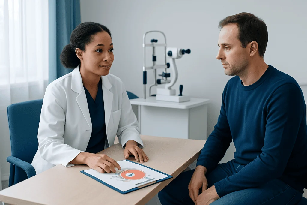 Ophthalmologist consulting with a patient about eye health in a clinic.