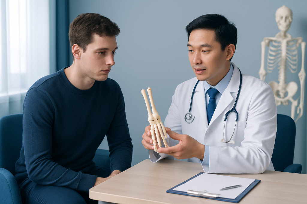 Doctor explaining scaphoid fracture to patient with model bones.