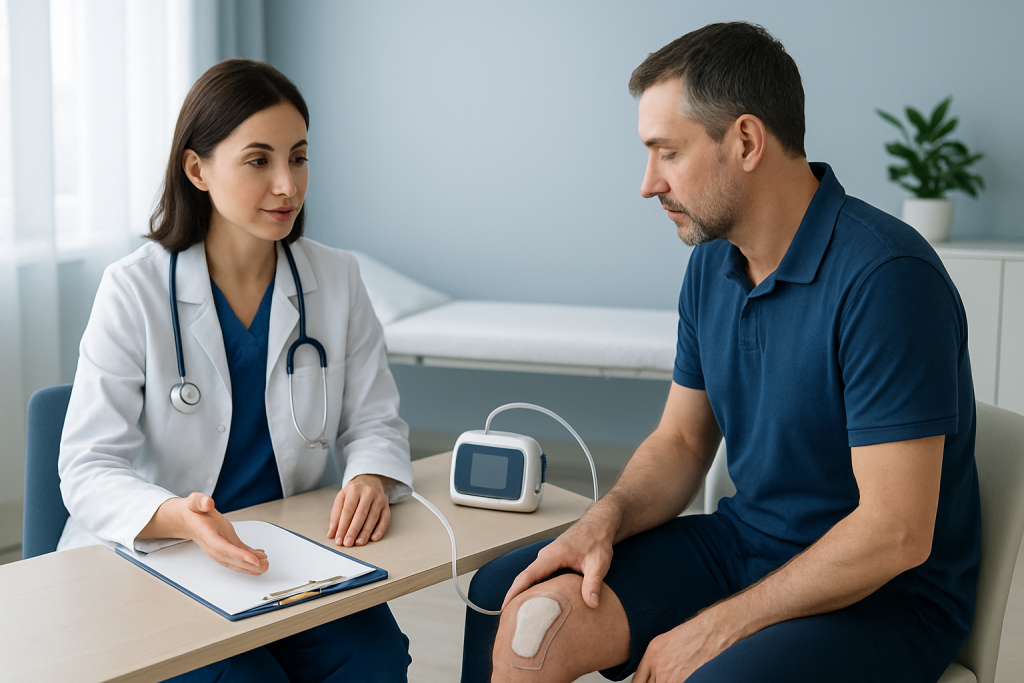 Doctor explaining wound care to patient in a clinical setting.