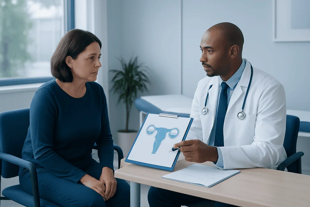 Doctor explaining ovarian surgery to a patient in a consultation room.
