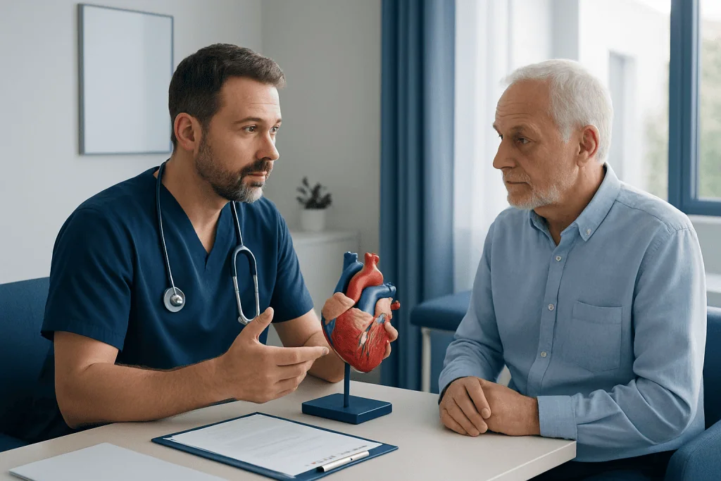 Cardiologist explaining heart health to an elderly patient with a heart model.