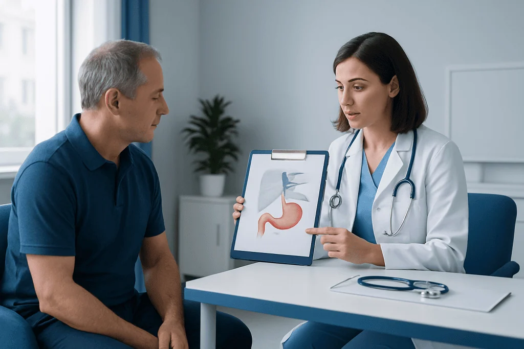 Doctor explaining stomach anatomy to patient during consultation at Acibadem Hospital.
