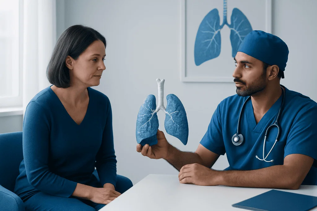 Doctor explaining lung anatomy to patient in a medical consultation.