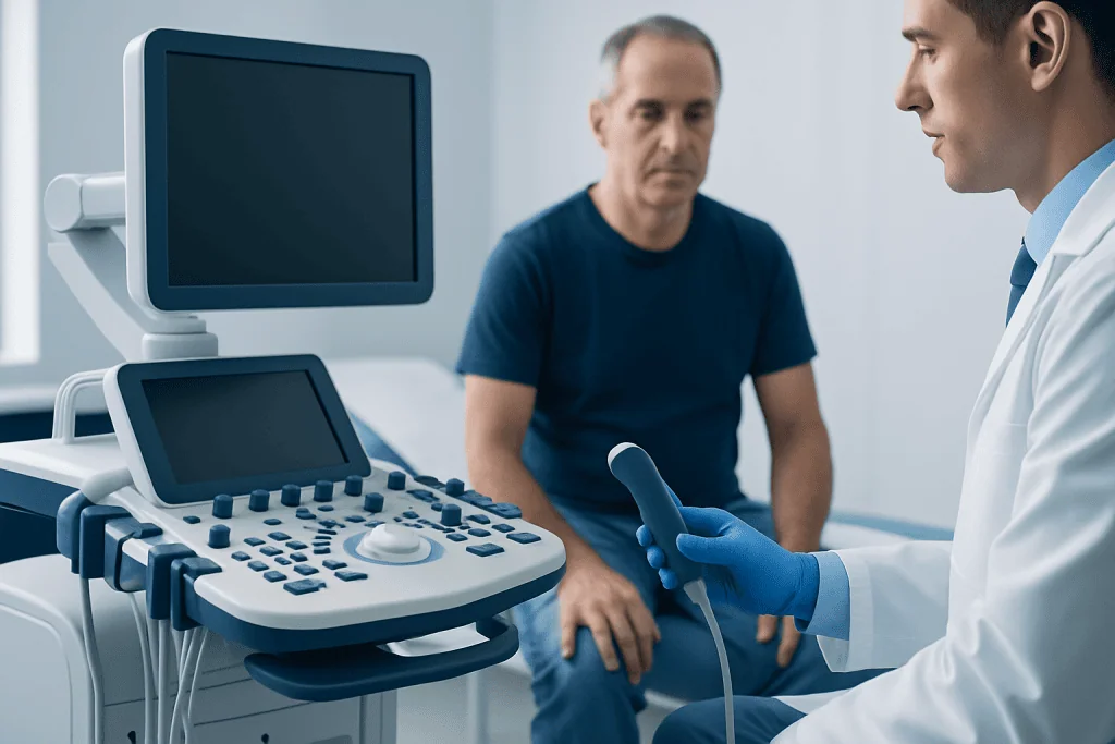 Doctor performing a prostate exam on a patient in a medical clinic.