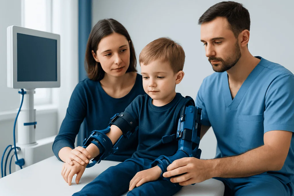 Child undergoing physical therapy for Erb Palsy with medical team.
