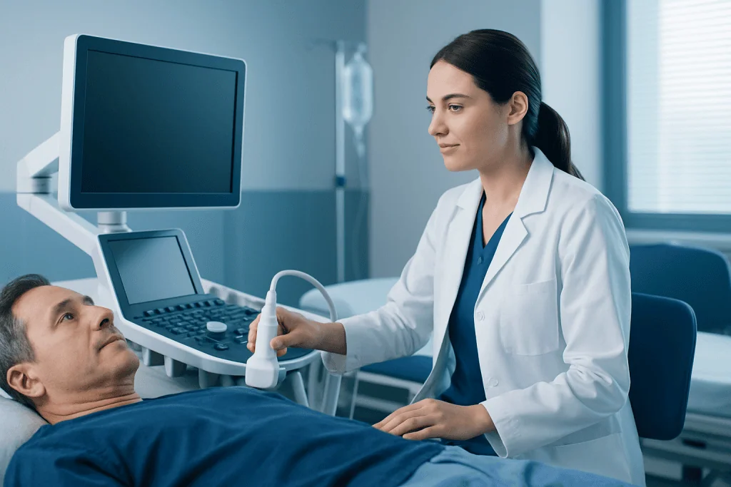 Medical professional performing an ultrasound on a patient in a hospital room.