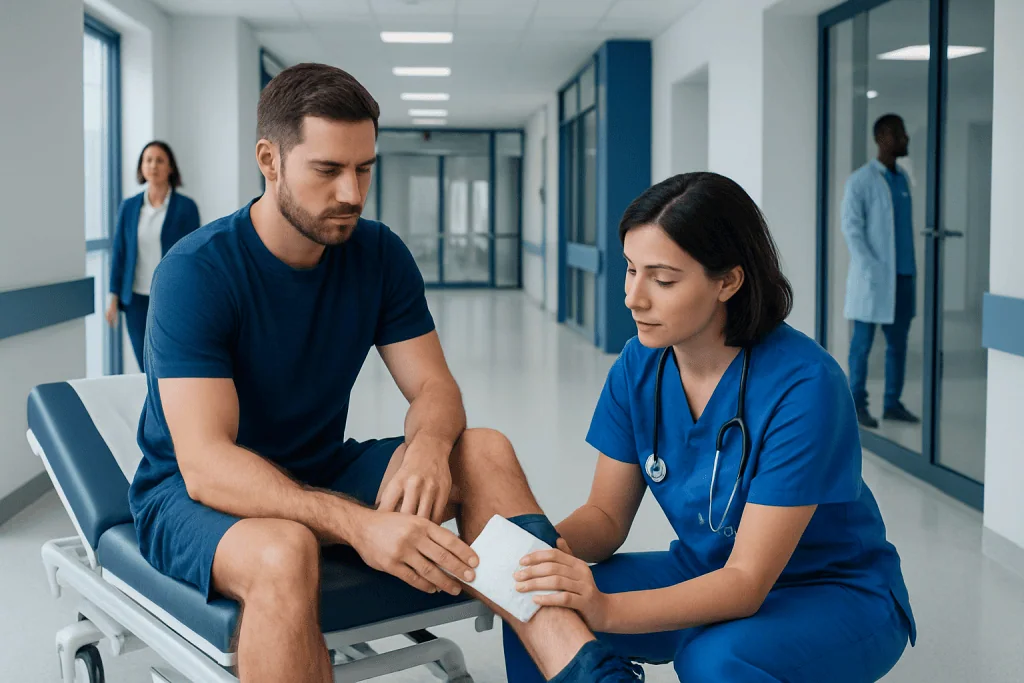 Rice Method for Shin Splints: What Patients Need to Know 1 Patient consulting with nurse in hospital corridor.