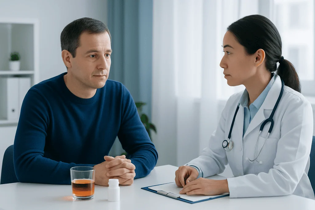 Doctor consulting with male patient in a medical office setting.