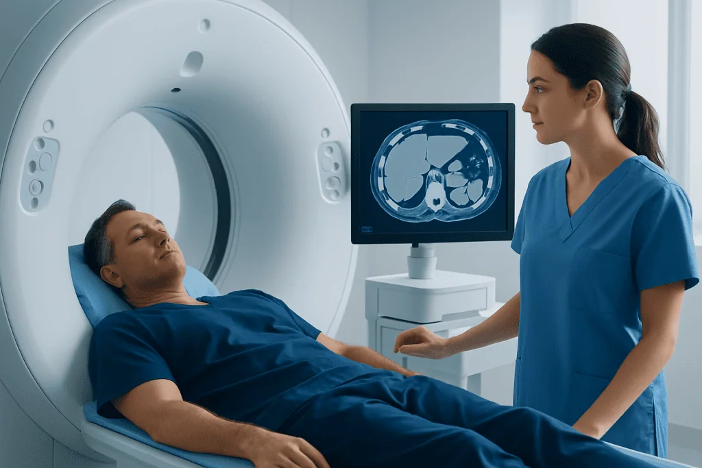 Patient undergoing abdominal CT scan at Acibadem Hospital.