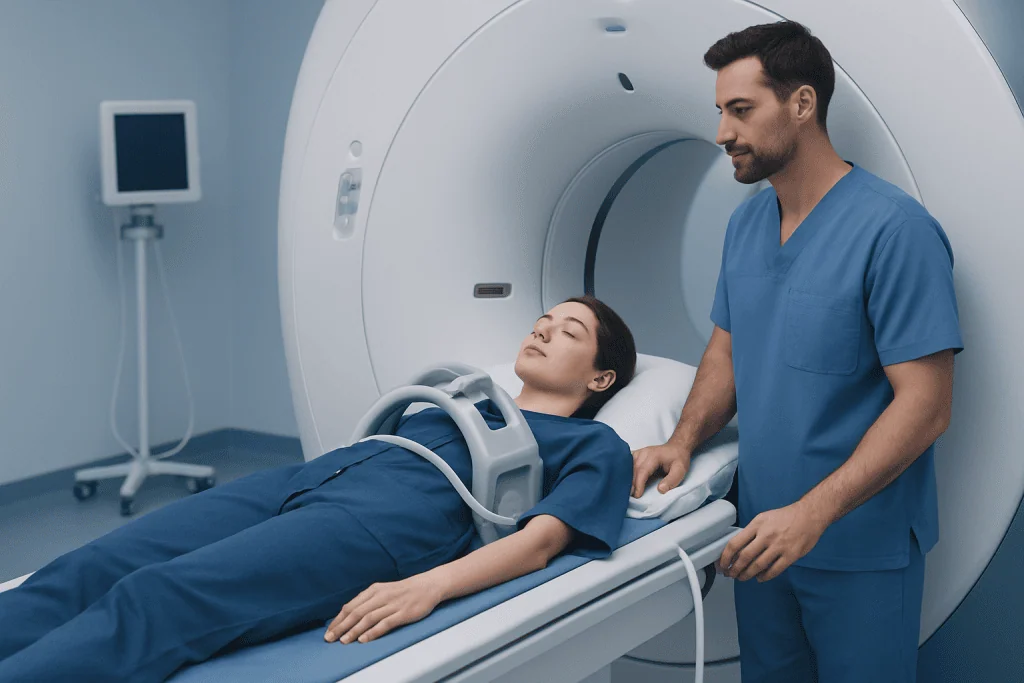 Patient undergoing MRI scan at Acibadem Hospital for renal assessment.