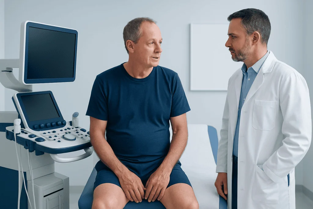 Doctor consulting with male patient in a medical examination room.