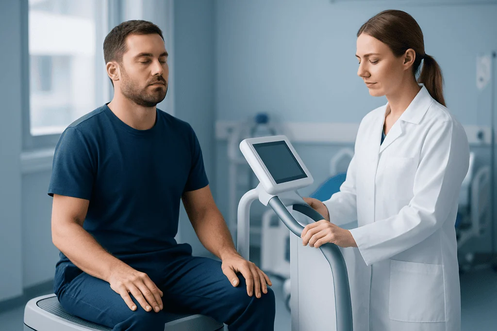 Medical professional explains vibration therapy to patient in hospital setting.