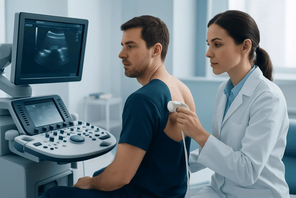 Doctor performing an ultrasound on a male patient for shoulder pain assessment.