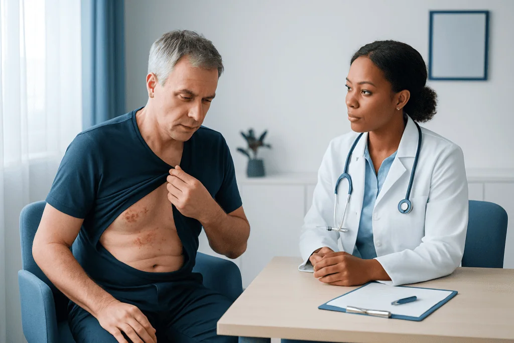 Doctor consulting with patient showing shingles rash on chest.