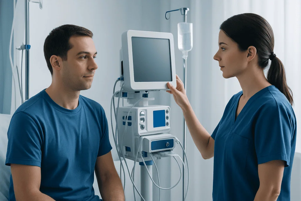 Medical professionals in a hospital room with monitoring equipment.