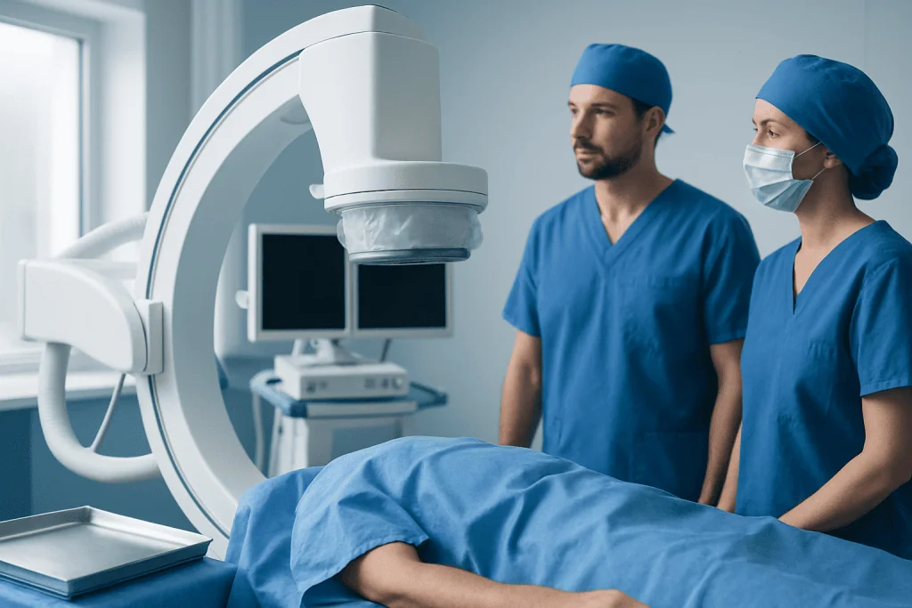 Medical team operating with advanced imaging equipment in a hospital.