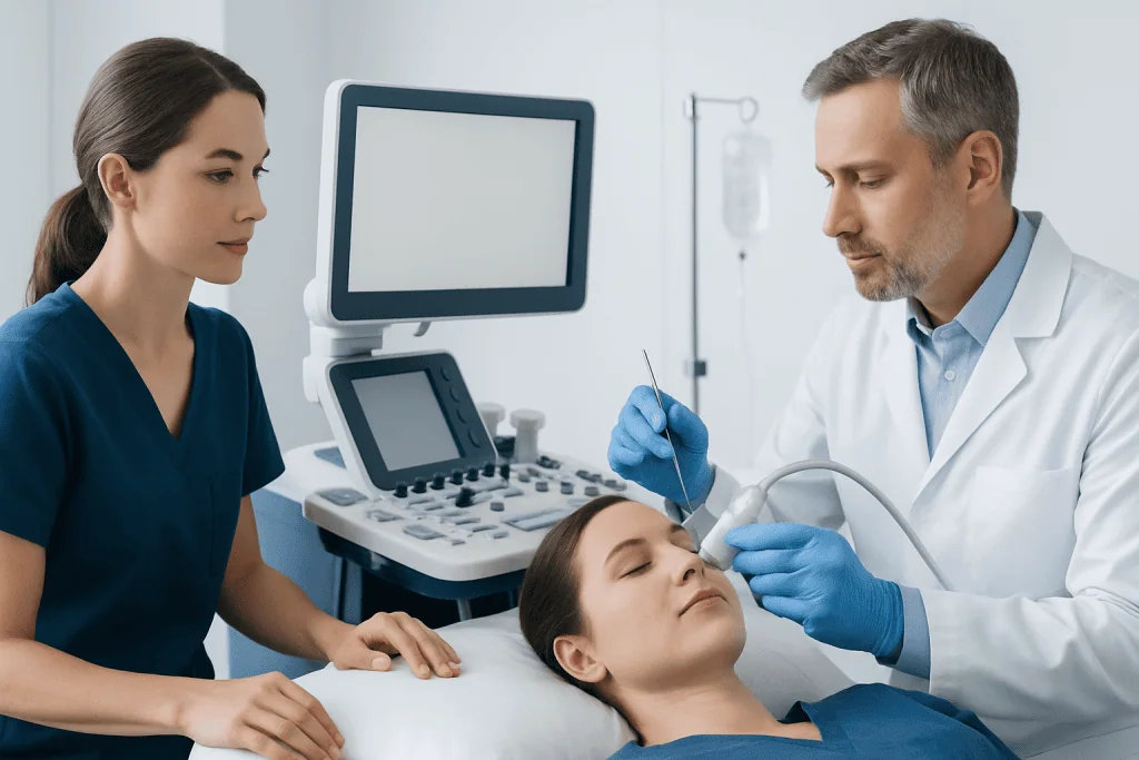 Doctor performing ultrasound examination on a patient in a hospital setting.