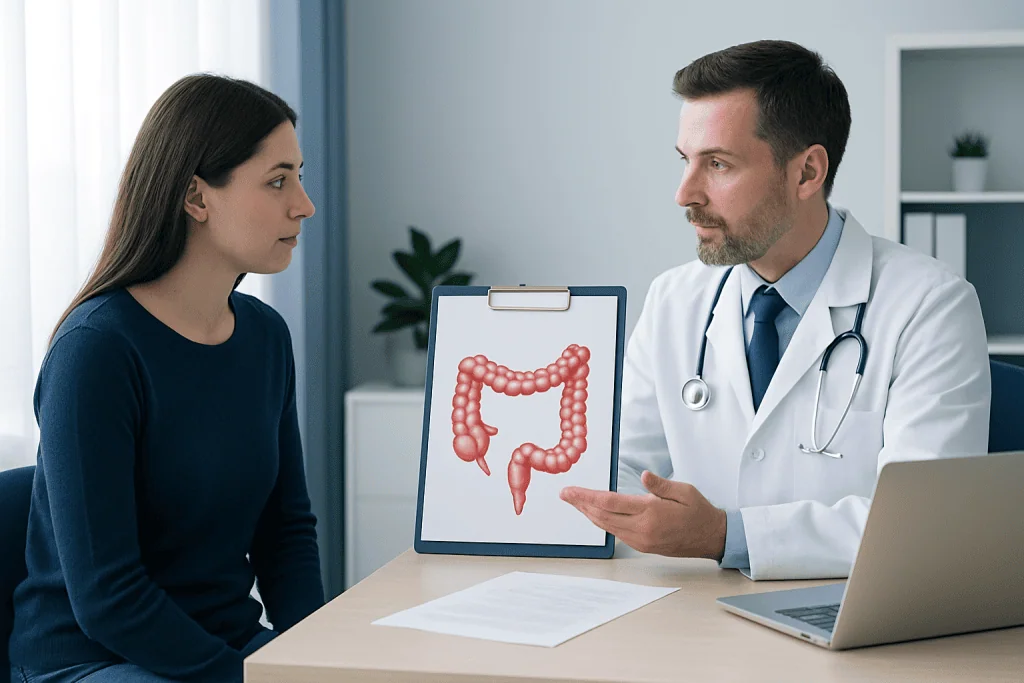 Doctor explaining colonoscopy results to a patient with a colon diagram.